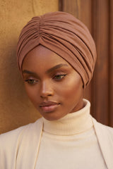 Soft Pre-Tied Shirred Turban for Women, Cotton Instant Turban Headwrap, Hair Loss & Chemo Friendly Bonnet Cap with Chic Shirred Design,B-20 Caramel Brown