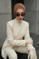Soft Pre-Tied Shirred Turban for Women, Cotton Instant Turban Headwrap, Hair Loss & Chemo Friendly Bonnet Cap with Chic Shirred Design,B-20 Caramel Brown