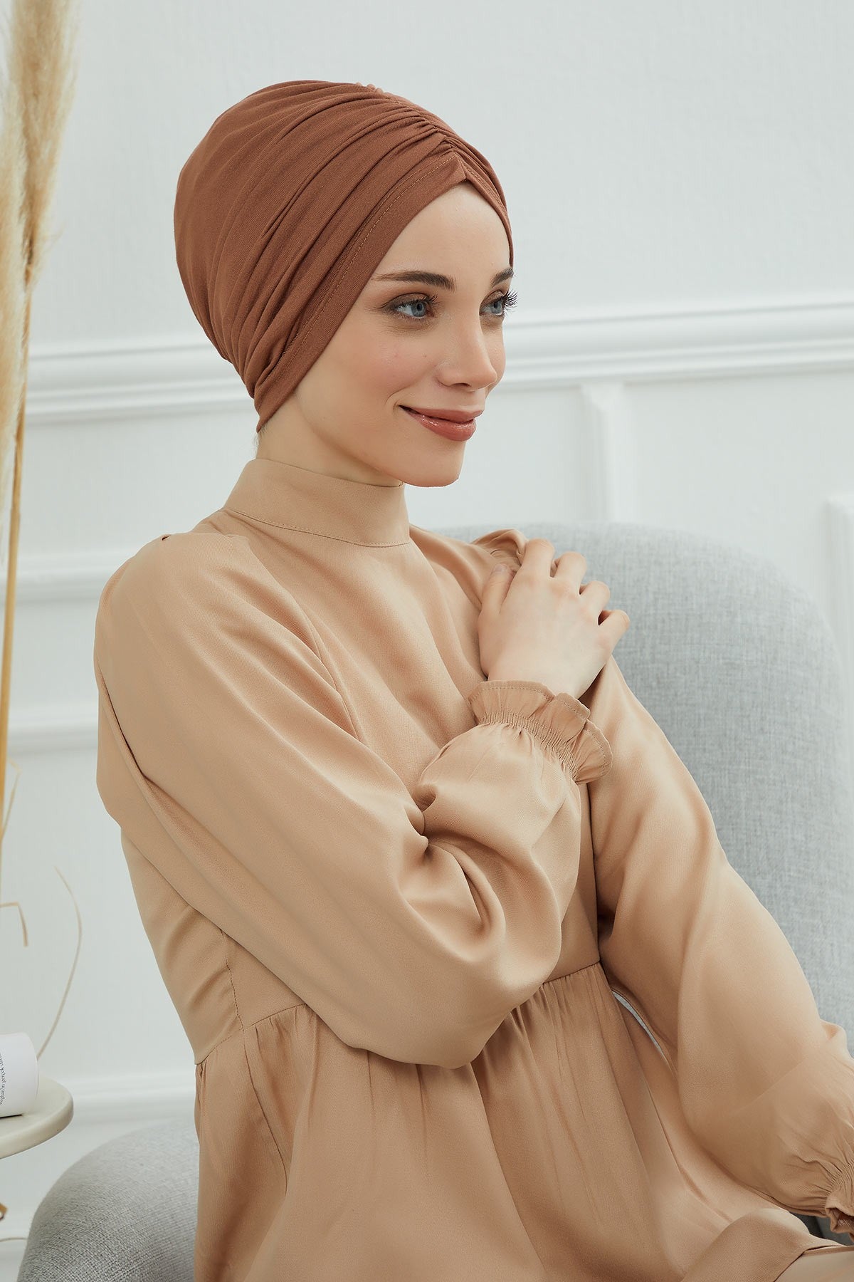 Soft Pre-Tied Shirred Turban for Women, Cotton Instant Turban Headwrap, Hair Loss & Chemo Friendly Bonnet Cap with Chic Shirred Design,B-20 Caramel Brown