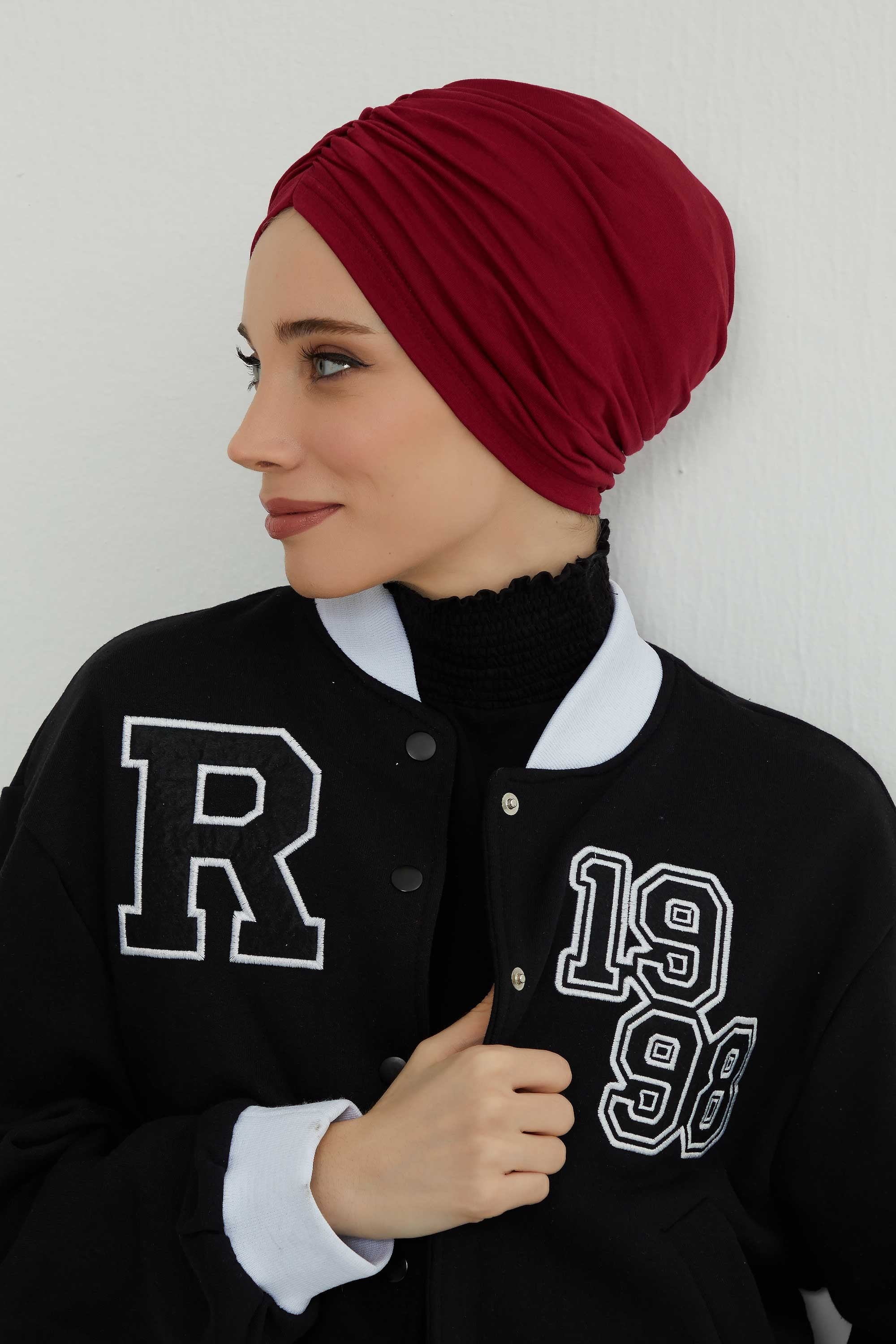 Soft Pre-Tied Shirred Turban for Women, Cotton Instant Turban Headwrap, Hair Loss & Chemo Friendly Bonnet Cap with Chic Shirred Design,B-20 Maroon