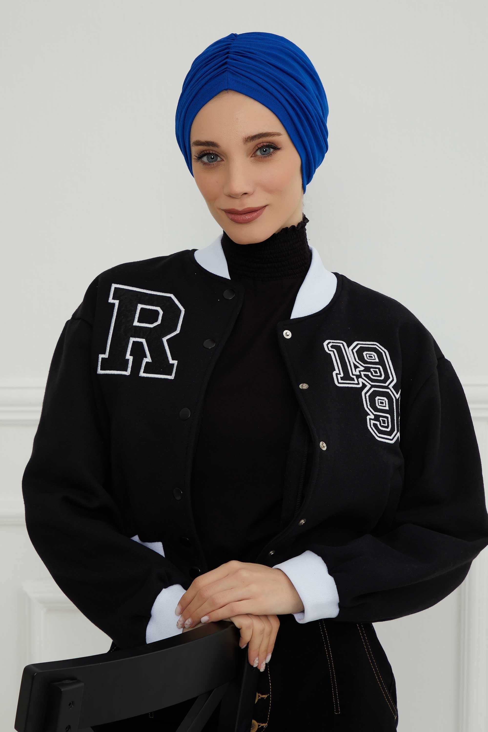 Soft Pre-Tied Shirred Turban for Women, Cotton Instant Turban Headwrap, Hair Loss & Chemo Friendly Bonnet Cap with Chic Shirred Design,B-20 Sax Blue