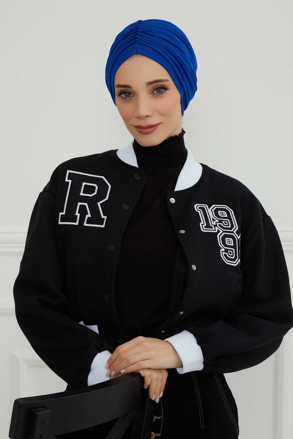 Soft Pre-Tied Shirred Turban for Women, Cotton Instant Turban Headwrap, Hair Loss & Chemo Friendly Bonnet Cap with Chic Shirred Design,B-20 Sax Blue