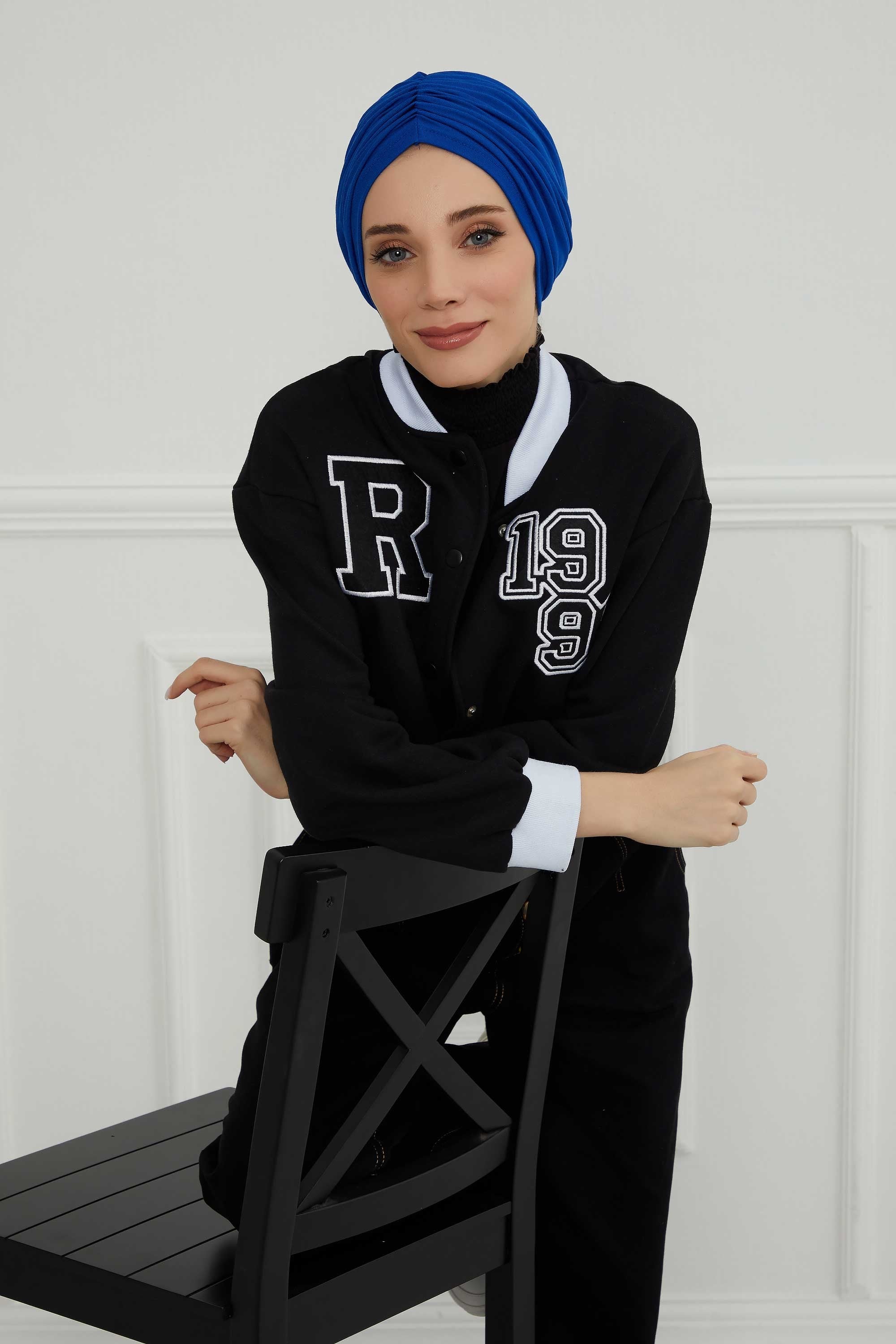 Soft Pre-Tied Shirred Turban for Women, Cotton Instant Turban Headwrap, Hair Loss & Chemo Friendly Bonnet Cap with Chic Shirred Design,B-20 Sax Blue