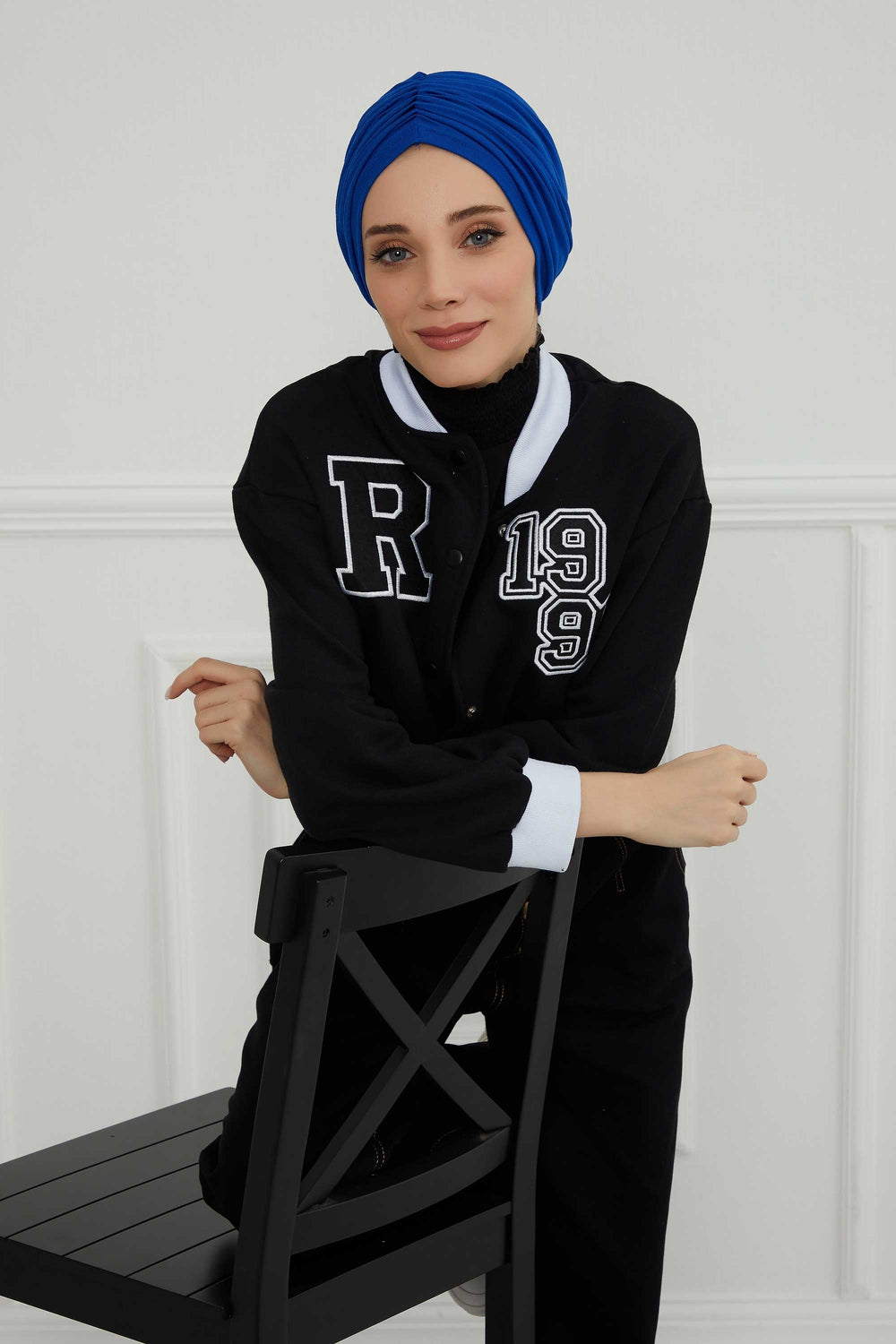 Soft Pre-Tied Shirred Turban for Women, Cotton Instant Turban Headwrap, Hair Loss & Chemo Friendly Bonnet Cap with Chic Shirred Design,B-20 Sax Blue