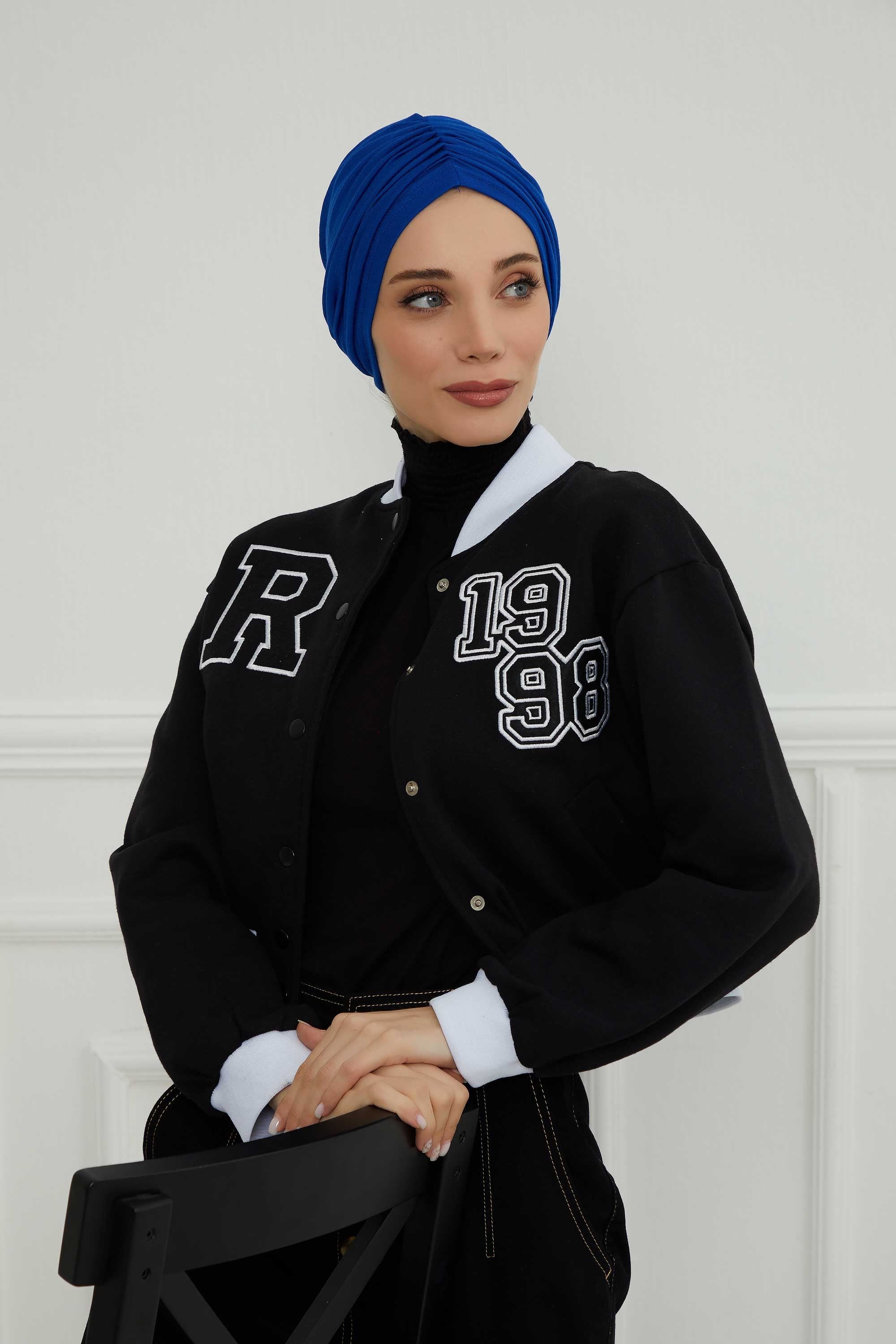 Soft Pre-Tied Shirred Turban for Women, Cotton Instant Turban Headwrap, Hair Loss & Chemo Friendly Bonnet Cap with Chic Shirred Design,B-20 Sax Blue