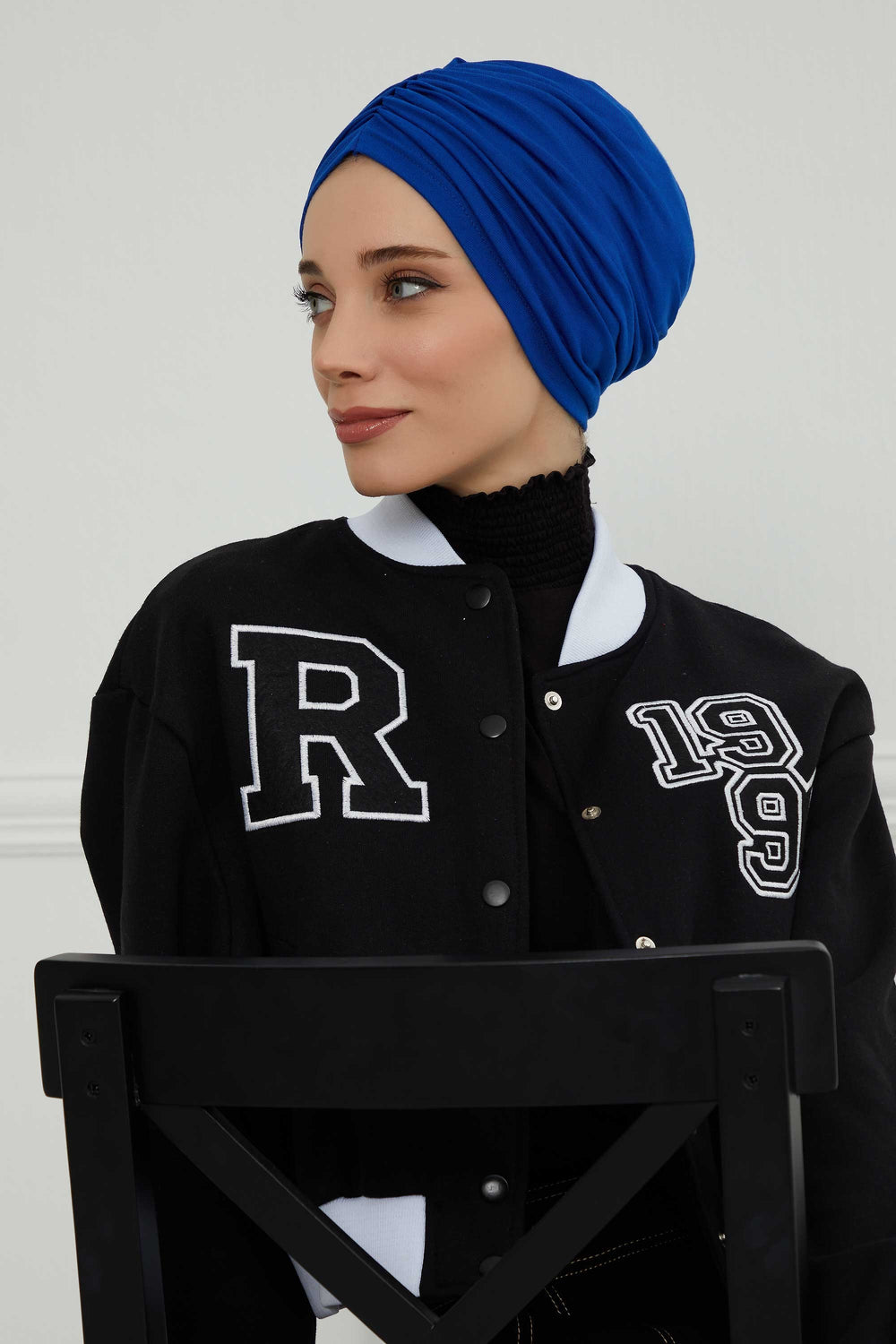 Soft Pre-Tied Shirred Turban for Women, Cotton Instant Turban Headwrap, Hair Loss & Chemo Friendly Bonnet Cap with Chic Shirred Design,B-20 Sax Blue