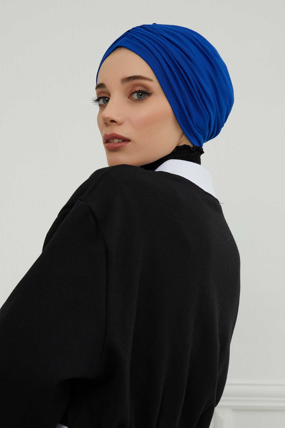 Soft Pre-Tied Shirred Turban for Women, Cotton Instant Turban Headwrap, Hair Loss & Chemo Friendly Bonnet Cap with Chic Shirred Design,B-20 Sax Blue
