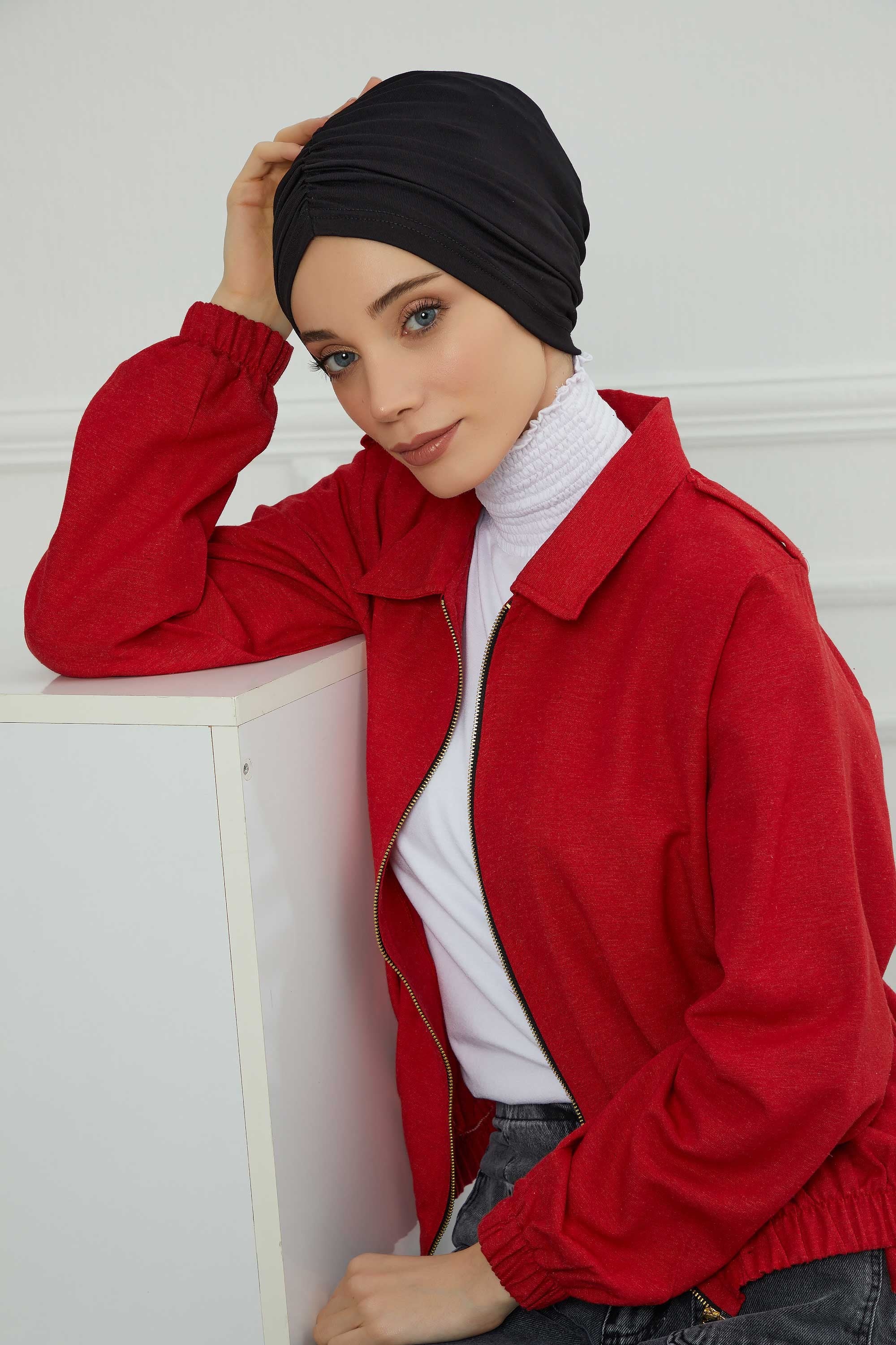 Soft Pre-Tied Shirred Turban for Women, Cotton Instant Turban Headwrap, Hair Loss & Chemo Friendly Bonnet Cap with Chic Shirred Design,B-20 Black