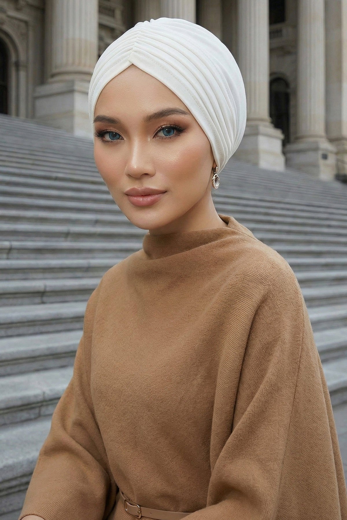 Soft Pre-Tied Shirred Turban for Women, Cotton Instant Turban Headwrap, Hair Loss & Chemo Friendly Bonnet Cap with Chic Shirred Design,B-20 Ivory