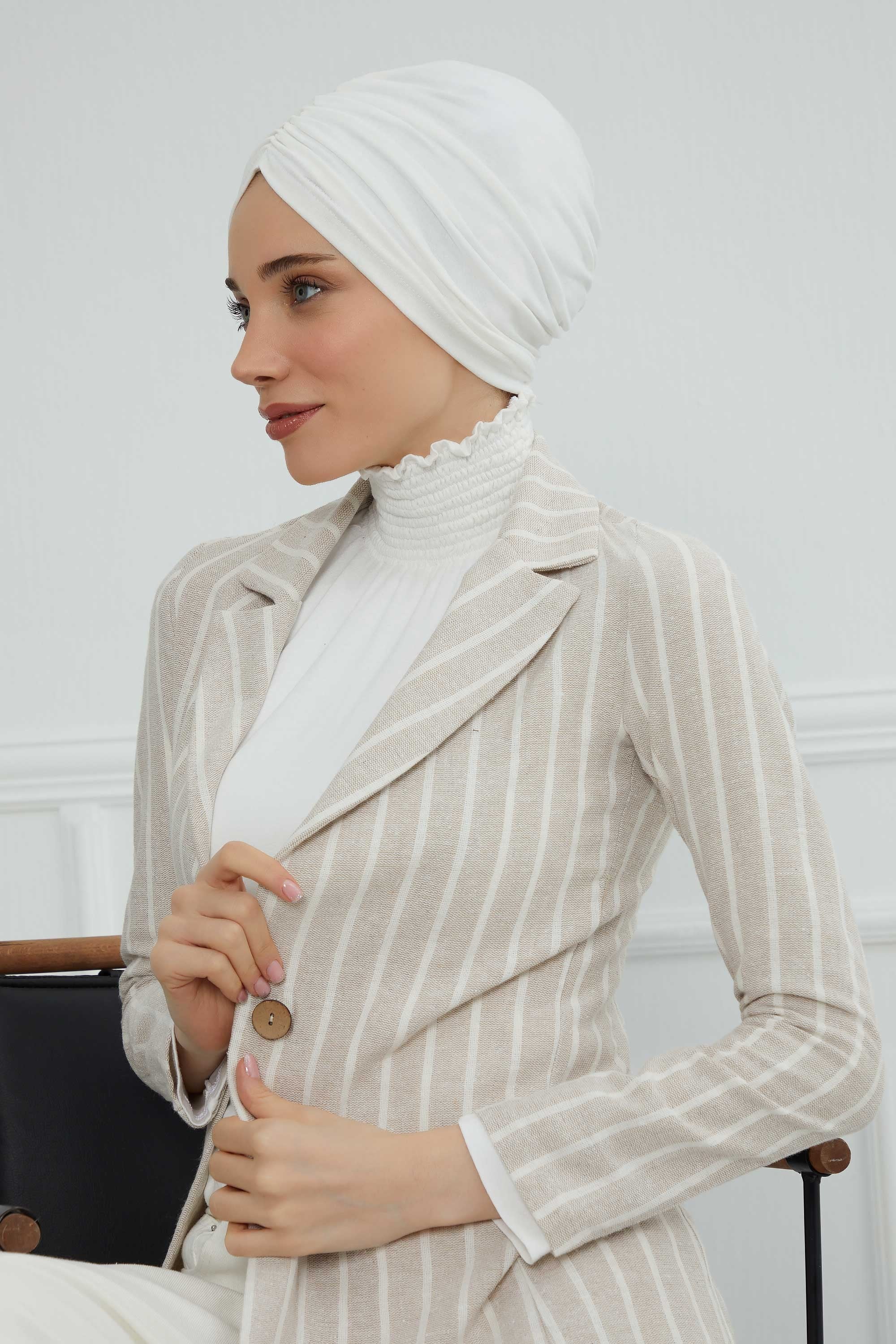 Soft Pre-Tied Shirred Turban for Women, Cotton Instant Turban Headwrap, Hair Loss & Chemo Friendly Bonnet Cap with Chic Shirred Design,B-20 Ivory