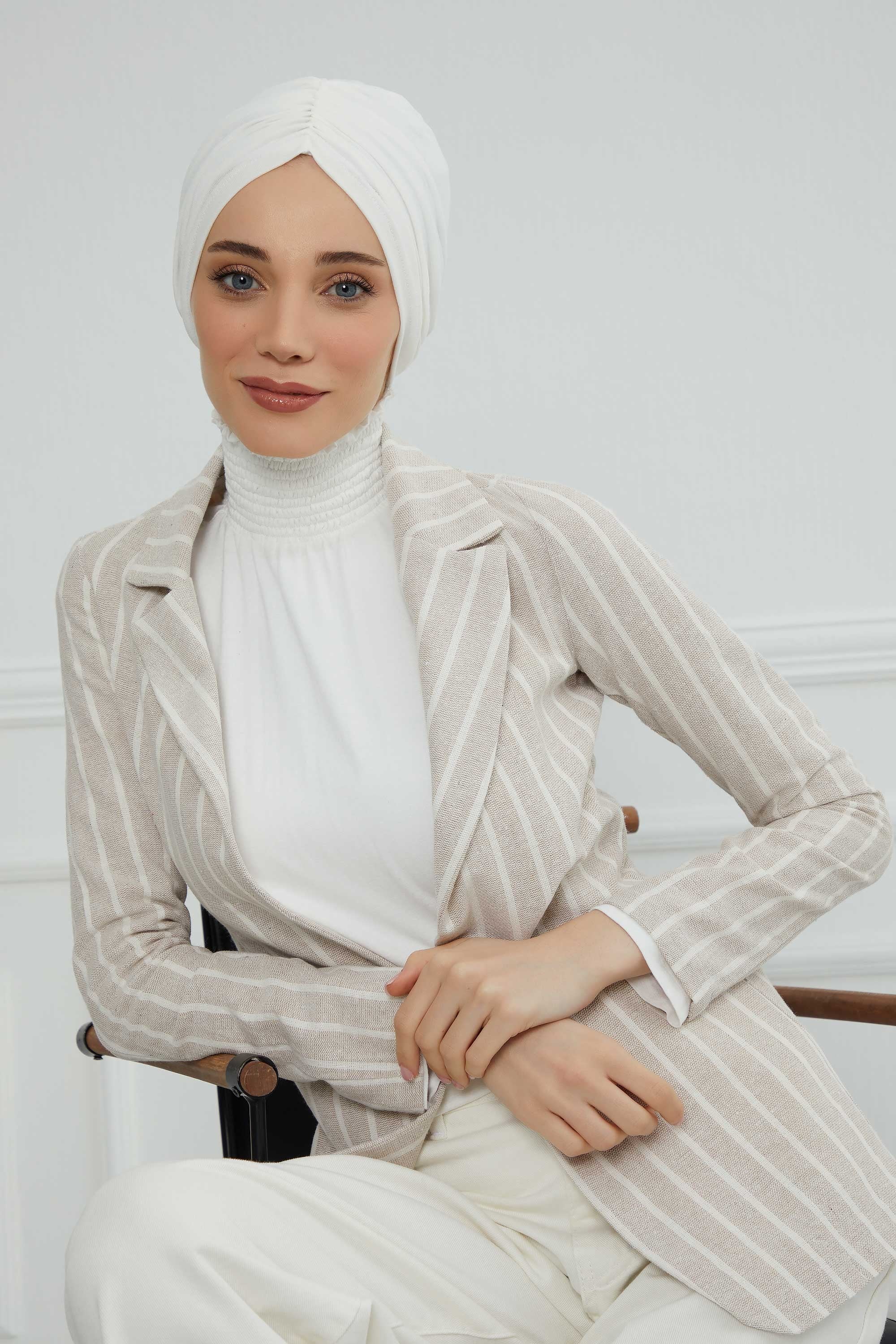 Soft Pre-Tied Shirred Turban for Women, Cotton Instant Turban Headwrap, Hair Loss & Chemo Friendly Bonnet Cap with Chic Shirred Design,B-20 Ivory