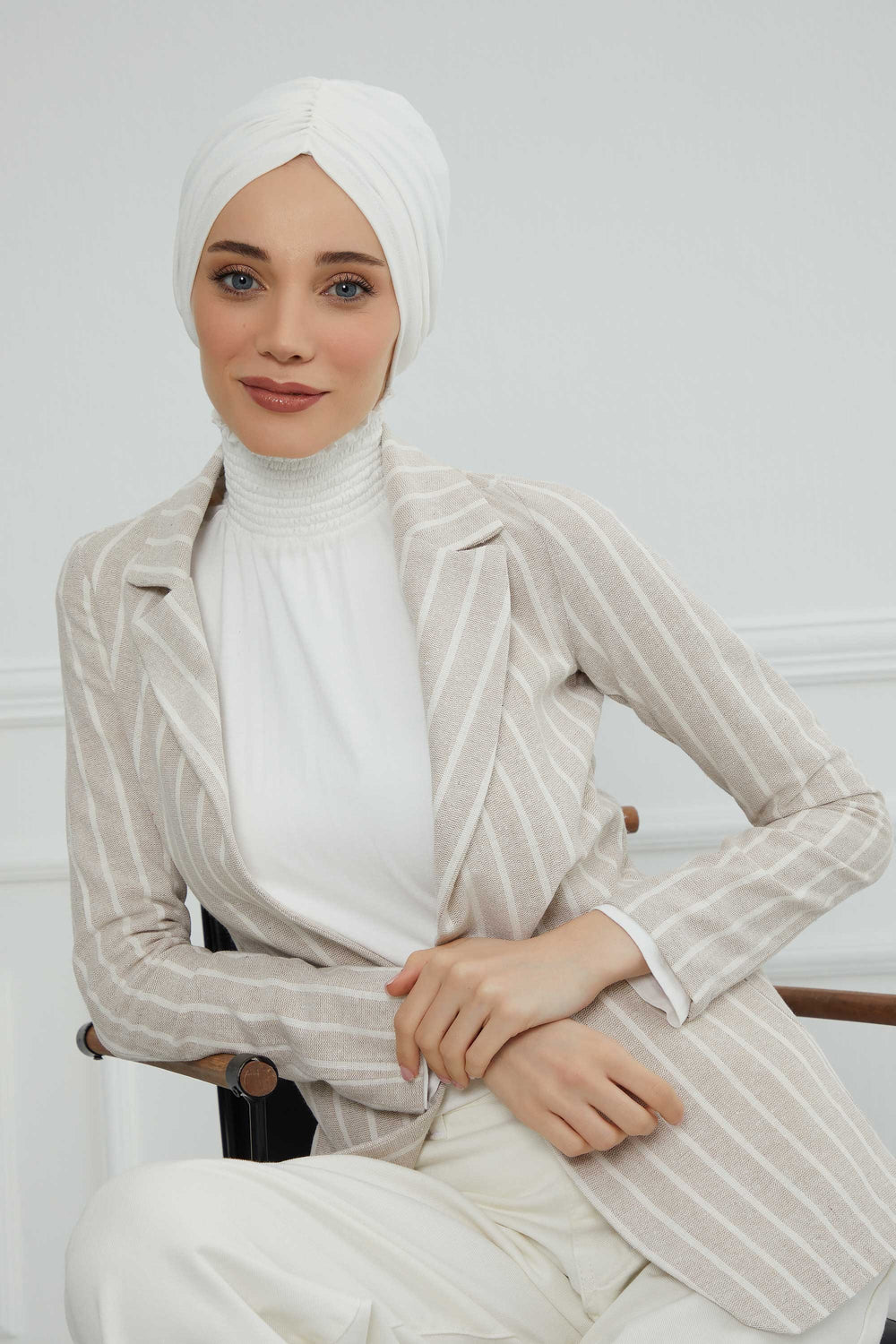 Soft Pre-Tied Shirred Turban for Women, Cotton Instant Turban Headwrap, Hair Loss & Chemo Friendly Bonnet Cap with Chic Shirred Design,B-20 Ivory