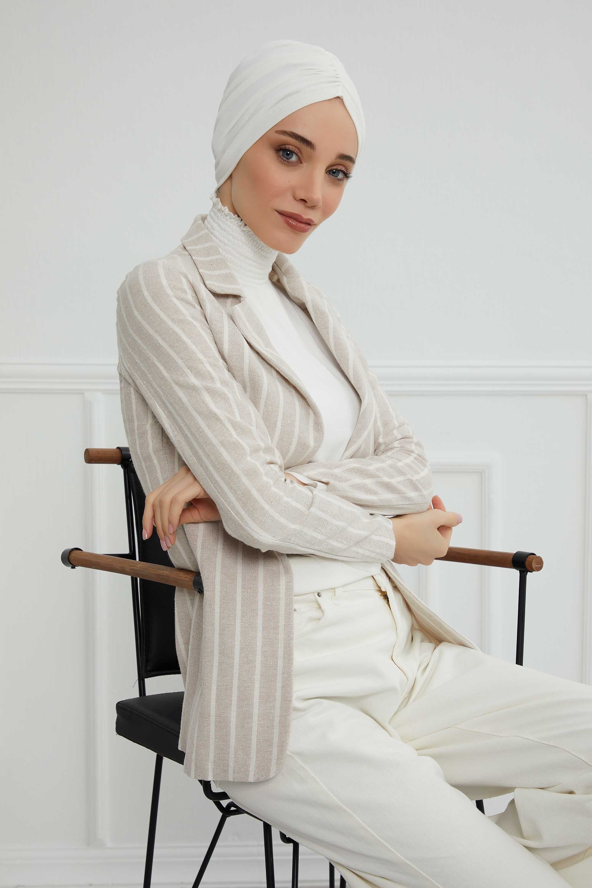 Soft Pre-Tied Shirred Turban for Women, Cotton Instant Turban Headwrap, Hair Loss & Chemo Friendly Bonnet Cap with Chic Shirred Design,B-20 Ivory