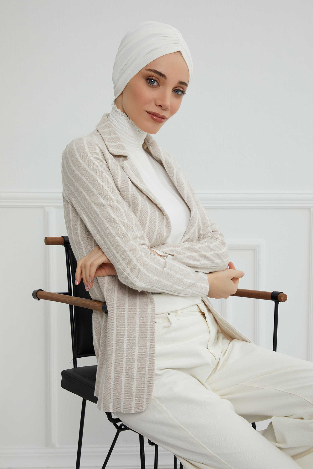 Soft Pre-Tied Shirred Turban for Women, Cotton Instant Turban Headwrap, Hair Loss & Chemo Friendly Bonnet Cap with Chic Shirred Design,B-20 Ivory