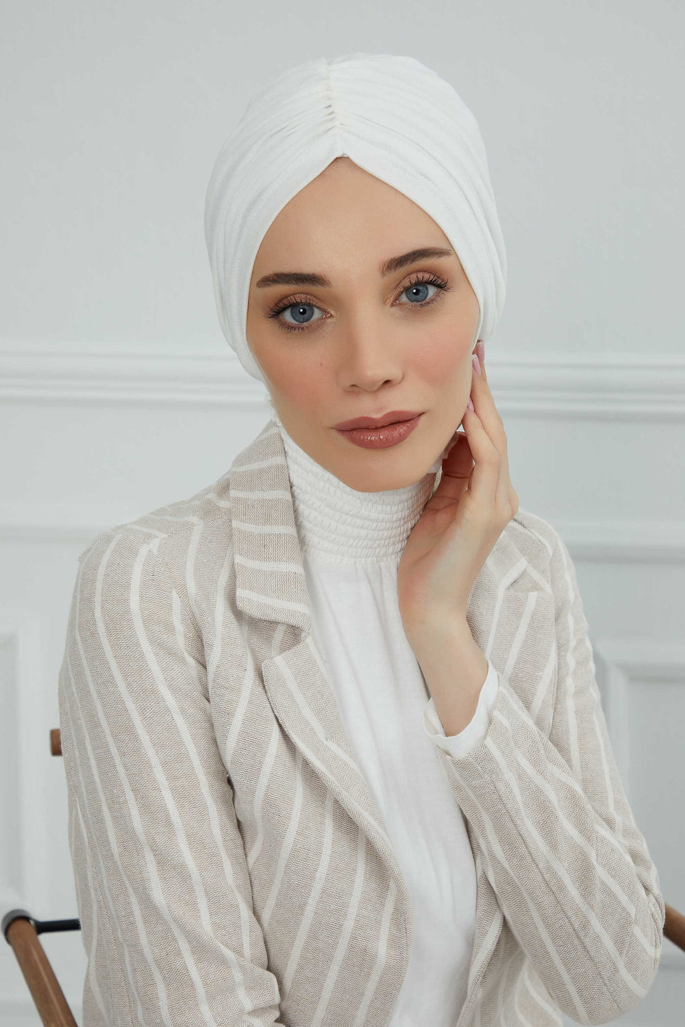 Soft Pre-Tied Shirred Turban for Women, Cotton Instant Turban Headwrap, Hair Loss & Chemo Friendly Bonnet Cap with Chic Shirred Design,B-20 Ivory