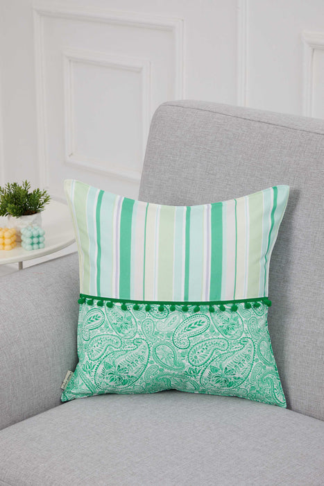 Spring-Inspired Throw Pillow Cover with Pom-Pom Trim, Handmade 18x18 Inches Paisley and Stripe Pillow Cover Design for Sofa and Couch,K-315