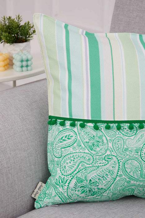 Kissenbezug im Frühlings-Look mit Bommelbesatz, handgefertigt, 45,7 x 45,7 cm, Paisley- und Streifen-Design für Sofa und Couch, K-315
