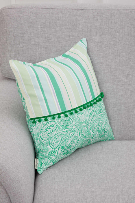 Spring-Inspired Throw Pillow Cover with Pom-Pom Trim, Handmade 18x18 Inches Paisley and Stripe Pillow Cover Design for Sofa and Couch,K-315