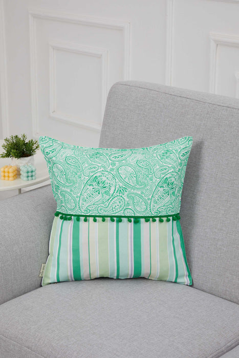 Spring-Inspired Throw Pillow Cover with Pom-Pom Trim, Handmade 18x18 Inches Paisley and Stripe Pillow Cover Design for Sofa and Couch,K-315