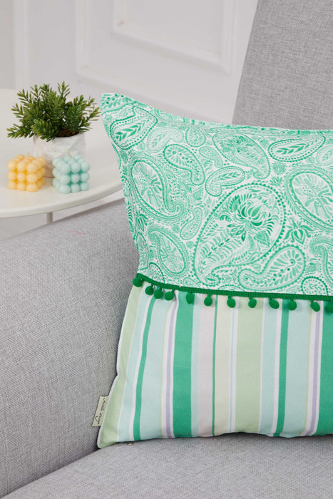 Kissenbezug im Frühlings-Look mit Bommelbesatz, handgefertigt, 45,7 x 45,7 cm, Paisley- und Streifen-Design für Sofa und Couch, K-315