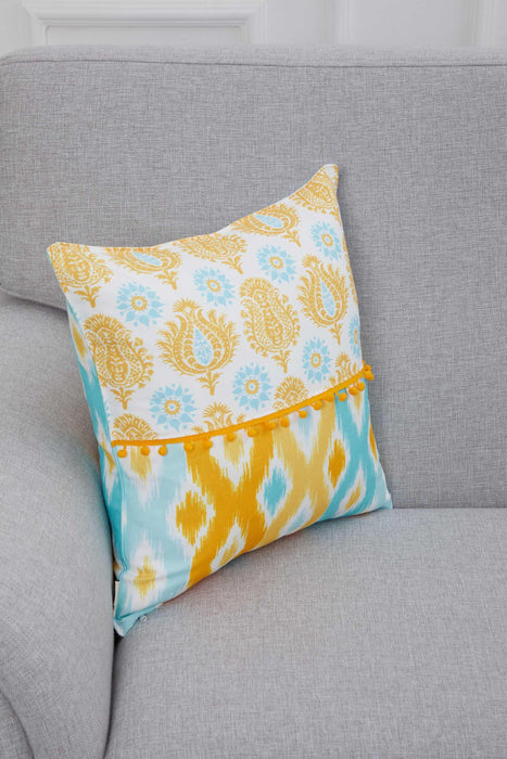 Spring-Inspired Throw Pillow Cover with Pom-Pom Trim, Handmade 18x18 Inches Paisley and Stripe Pillow Cover Design for Sofa and Couch,K-315