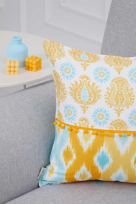 Kissenbezug im Frühlings-Look mit Bommelbesatz, handgefertigt, 45,7 x 45,7 cm, Paisley- und Streifen-Design für Sofa und Couch, K-315