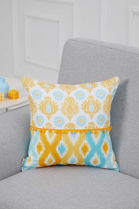 Spring-Inspired Throw Pillow Cover with Pom-Pom Trim, Handmade 18x18 Inches Paisley and Stripe Pillow Cover Design for Sofa and Couch,K-315