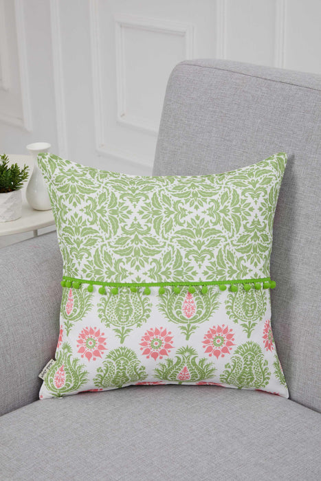 Spring-Inspired Throw Pillow Cover with Pom-Pom Trim, Handmade 18x18 Inches Paisley and Stripe Pillow Cover Design for Sofa and Couch,K-315