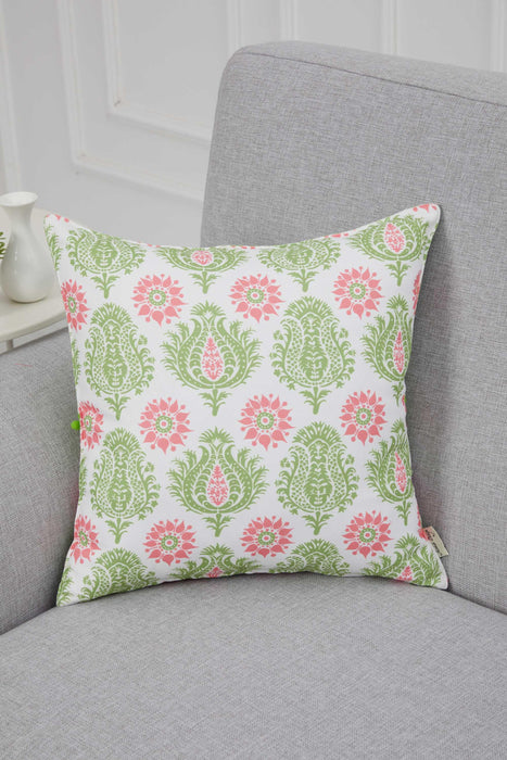 Spring-Inspired Throw Pillow Cover with Pom-Pom Trim, Handmade 18x18 Inches Paisley and Stripe Pillow Cover Design for Sofa and Couch,K-315