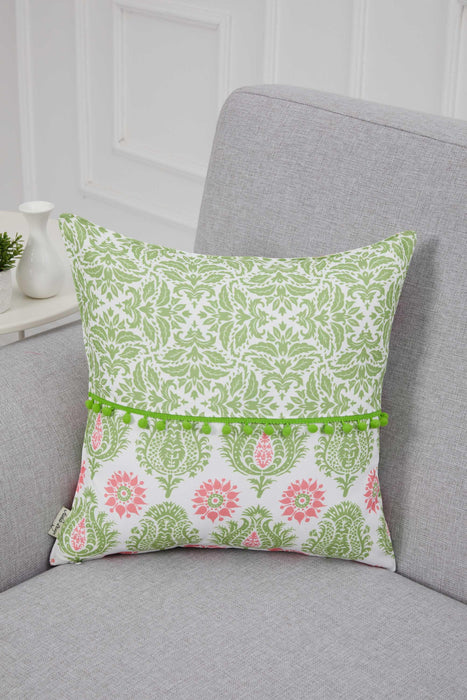 Spring-Inspired Throw Pillow Cover with Pom-Pom Trim, Handmade 18x18 Inches Paisley and Stripe Pillow Cover Design for Sofa and Couch,K-315