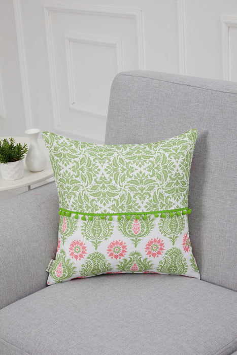 Spring-Inspired Throw Pillow Cover with Pom-Pom Trim, Handmade 18x18 Inches Paisley and Stripe Pillow Cover Design for Sofa and Couch,K-315