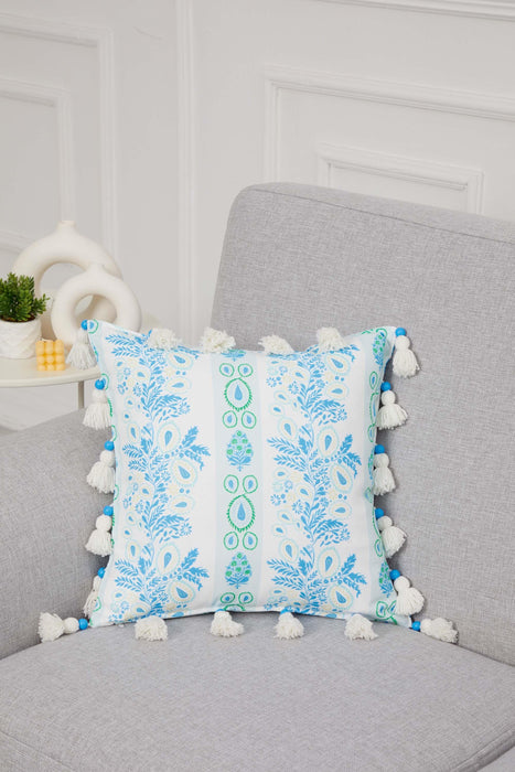 Square Decorative Bohemian Throw Pillow Cover with Handmade Beads and Tassels, 18x18 Inches Handmade Cushion Cover for Sofa and Couch,K-327