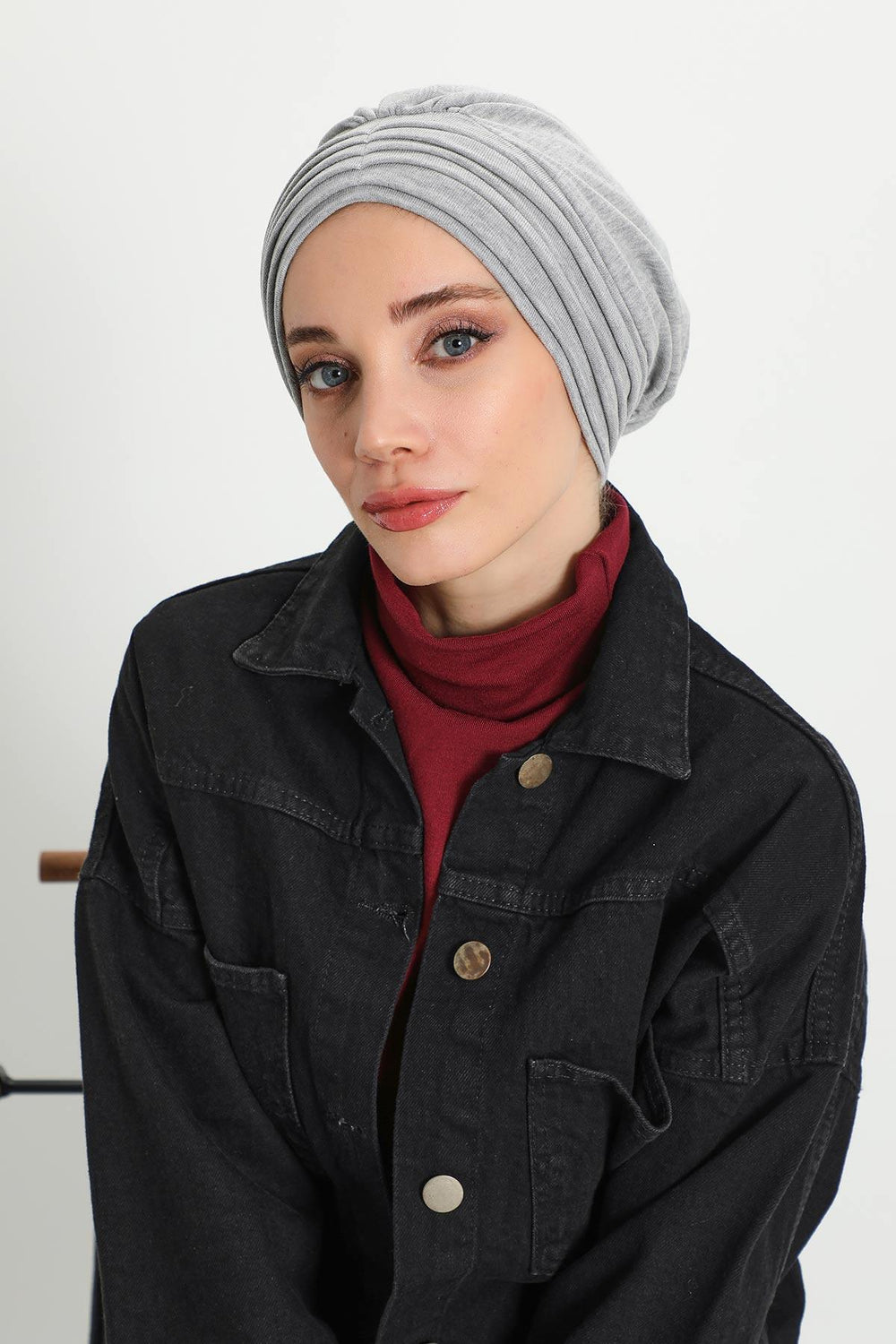 Stretchable Shirred Winter Turban Bonnet for Women, Warm and Stylish Headwrap, Soft Ribbed Winter Instant Turban Chemo Headwear,B-13RB Gray Melange