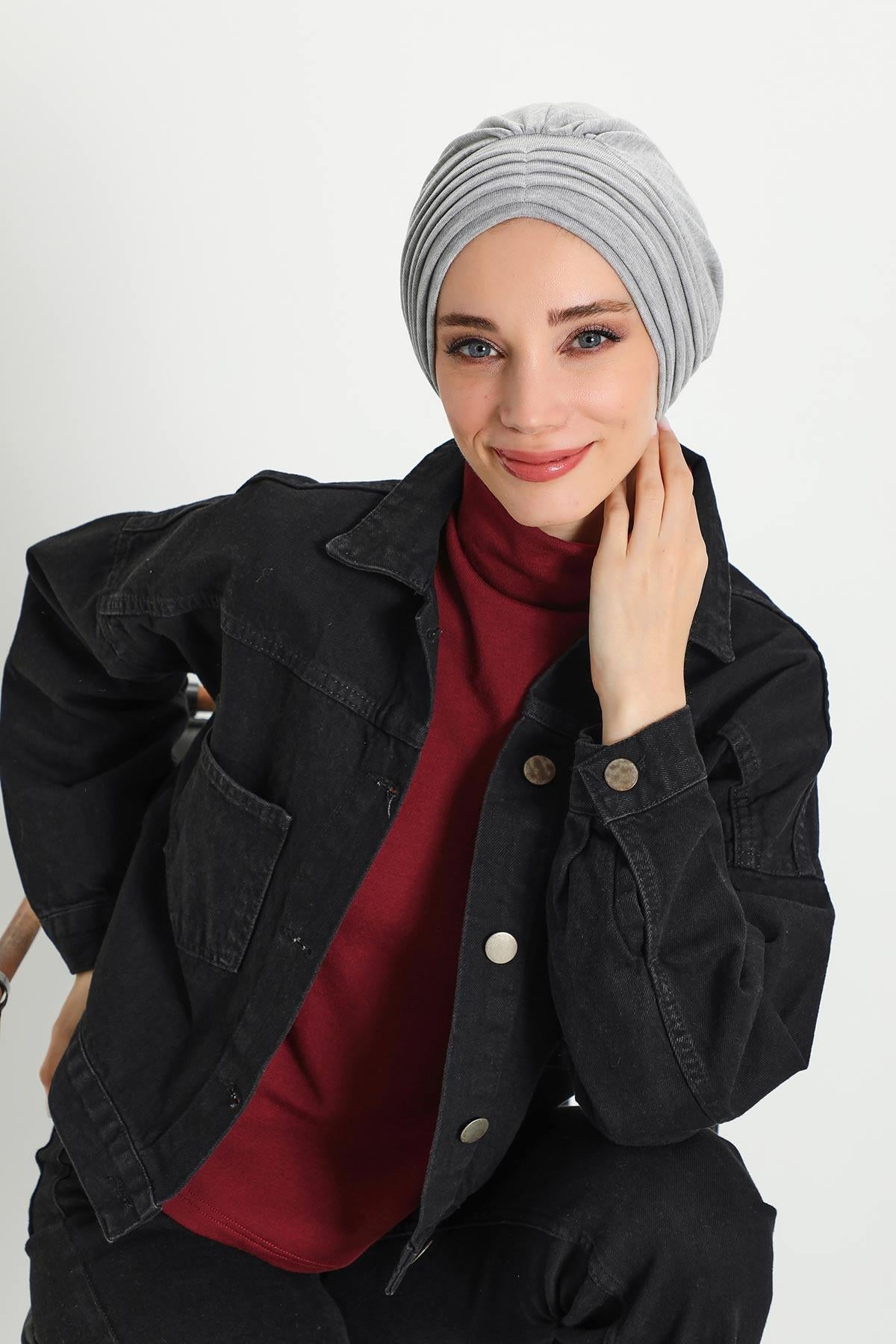 Stretchable Shirred Winter Turban Bonnet for Women, Warm and Stylish Headwrap, Soft Ribbed Winter Instant Turban Chemo Headwear,B-13RB Gray Melange