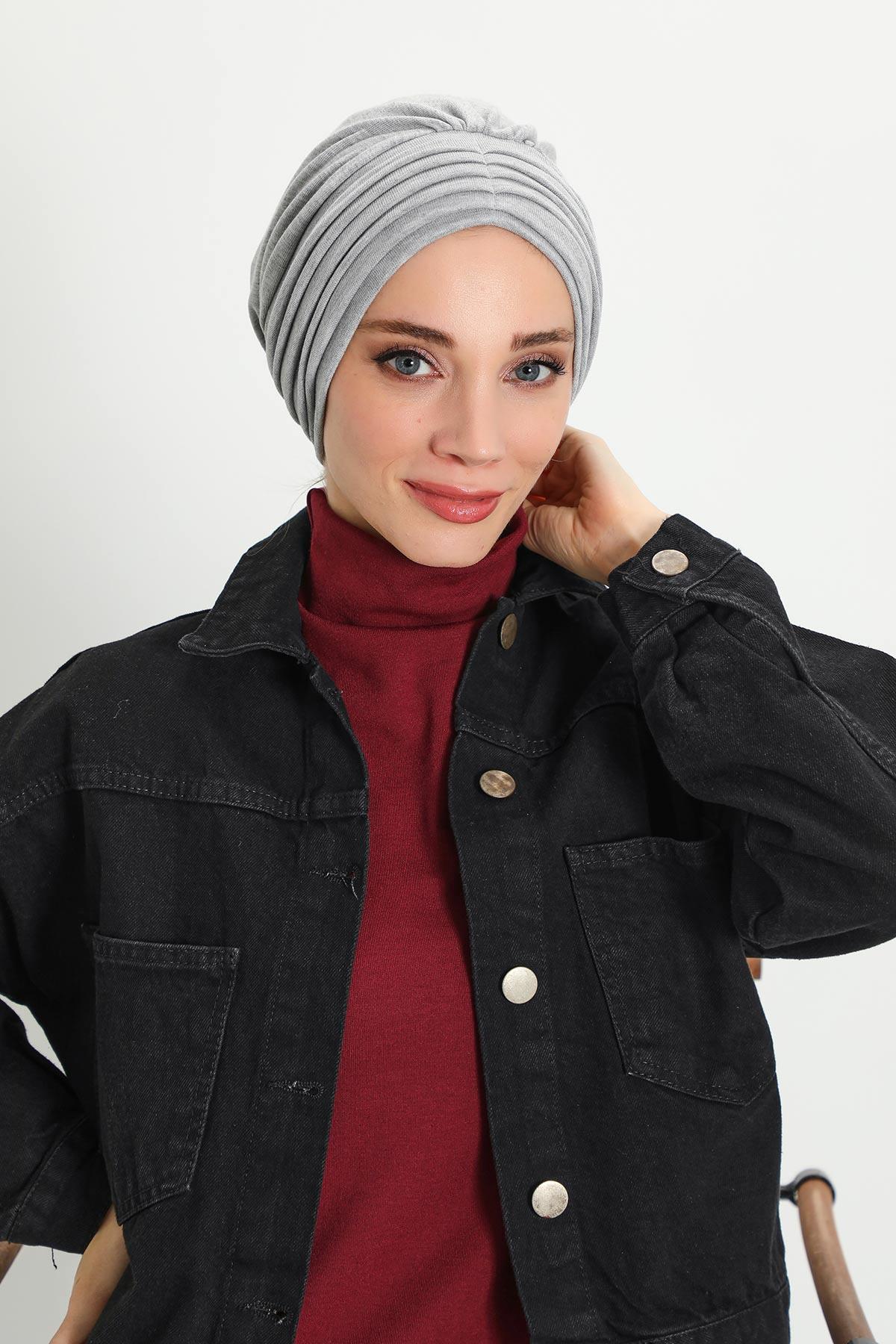 Stretchable Shirred Winter Turban Bonnet for Women, Warm and Stylish Headwrap, Soft Ribbed Winter Instant Turban Chemo Headwear,B-13RB Gray Melange