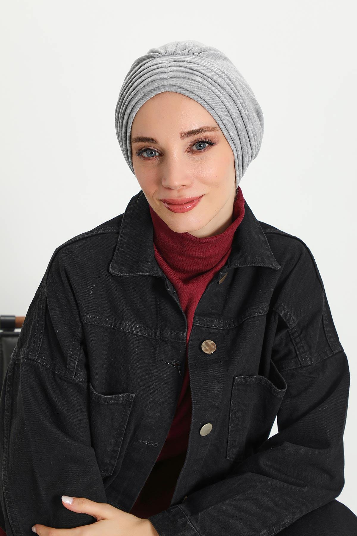 Stretchable Shirred Winter Turban Bonnet for Women, Warm and Stylish Headwrap, Soft Ribbed Winter Instant Turban Chemo Headwear,B-13RB Gray Melange
