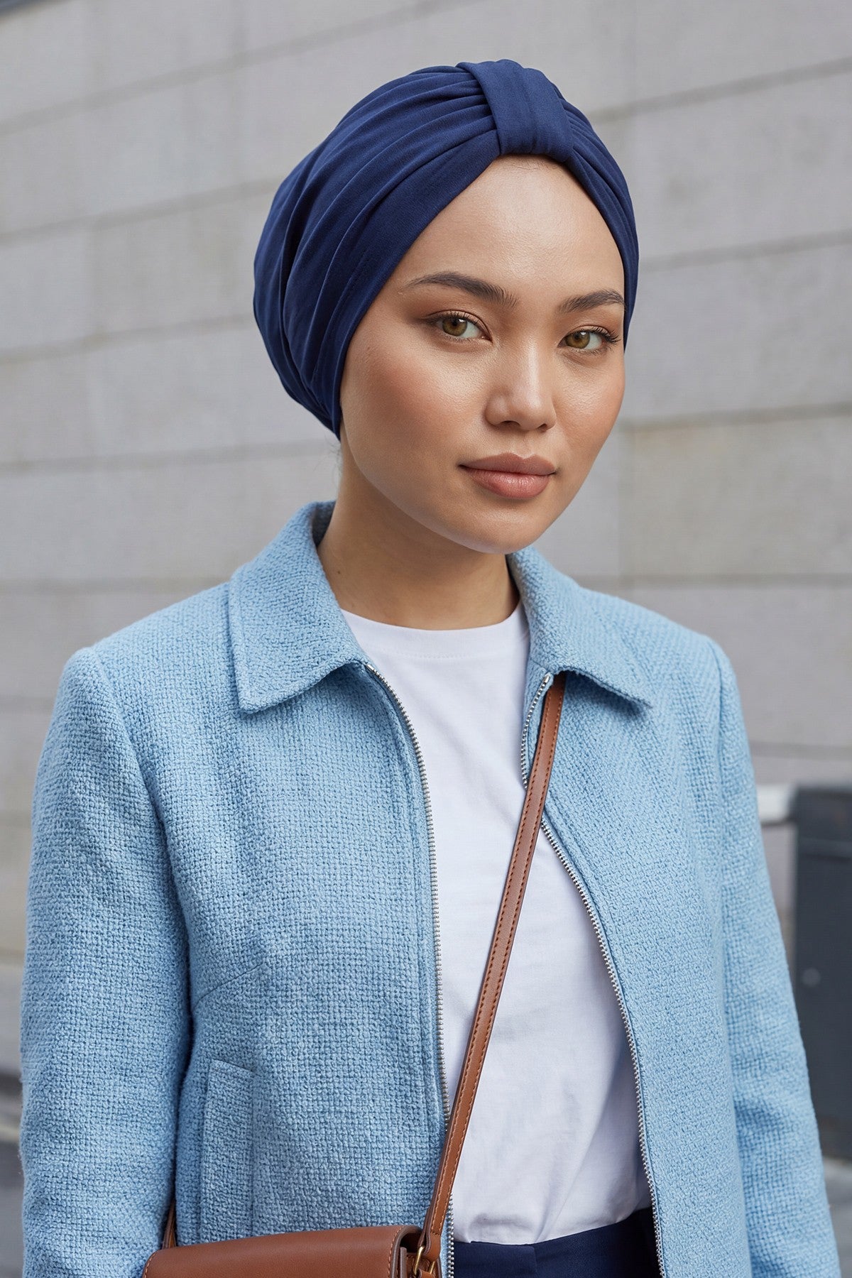 Stretchy All Season Turban Underscarf with Twist Front Design, Ready to Wear Women Bonnet for Daily Modest Wear,B-68O Navy Blue