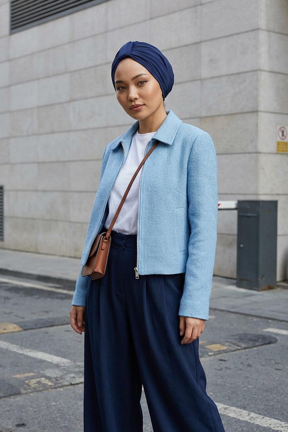 Stretchy All Season Turban Underscarf with Twist Front Design, Ready to Wear Women Bonnet for Daily Modest Wear,B-68O Navy Blue