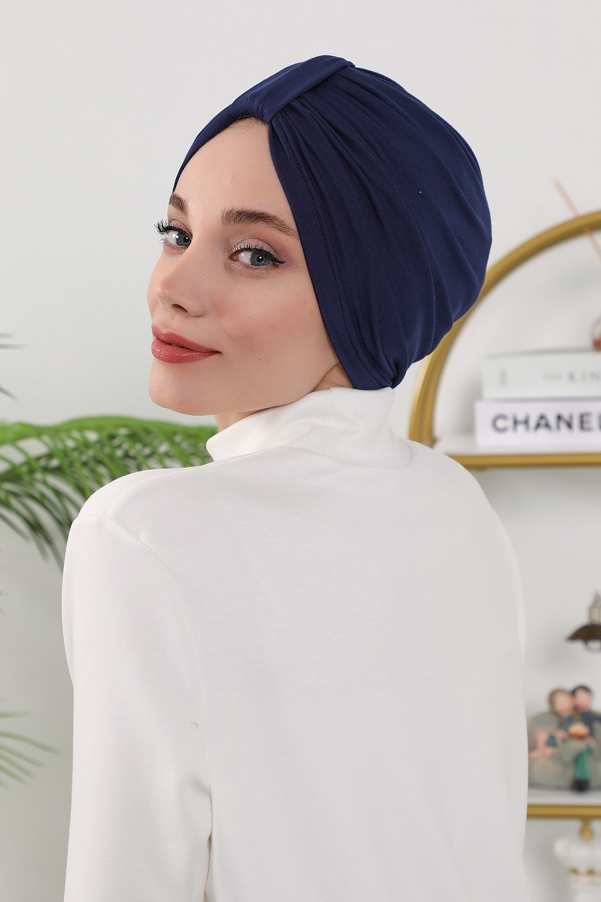 Stretchy All Season Turban Underscarf with Twist Front Design, Ready to Wear Women Bonnet for Daily Modest Wear,B-68O Navy Blue