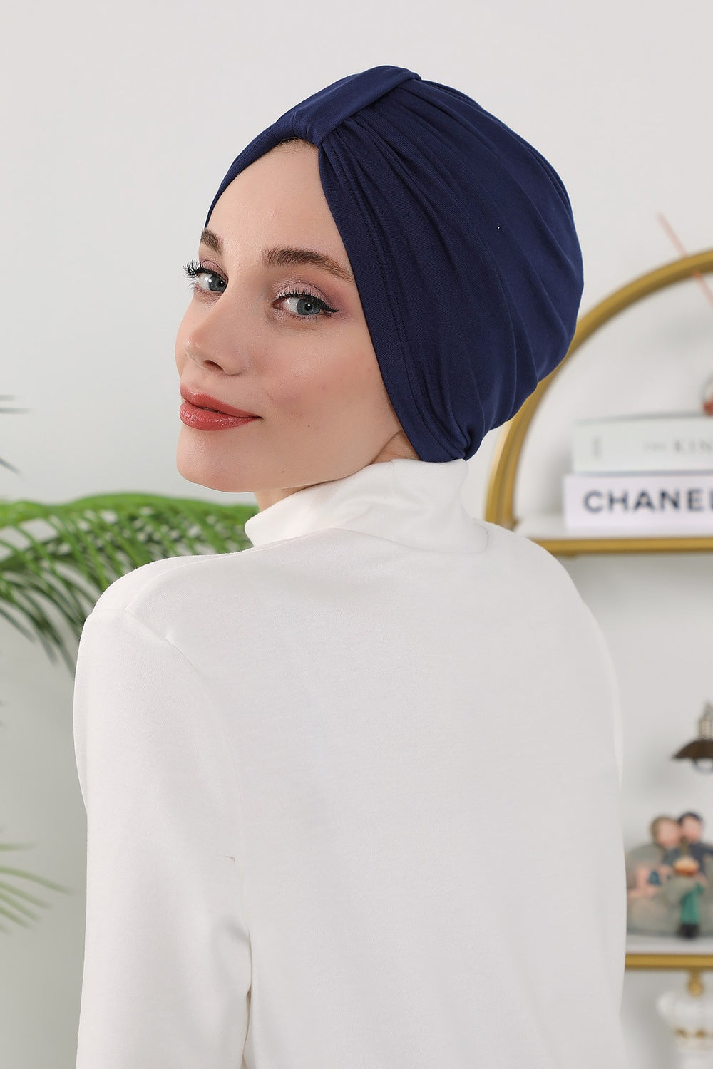 Stretchy All Season Turban Underscarf with Twist Front Design, Ready to Wear Women Bonnet for Daily Modest Wear,B-68O Navy Blue