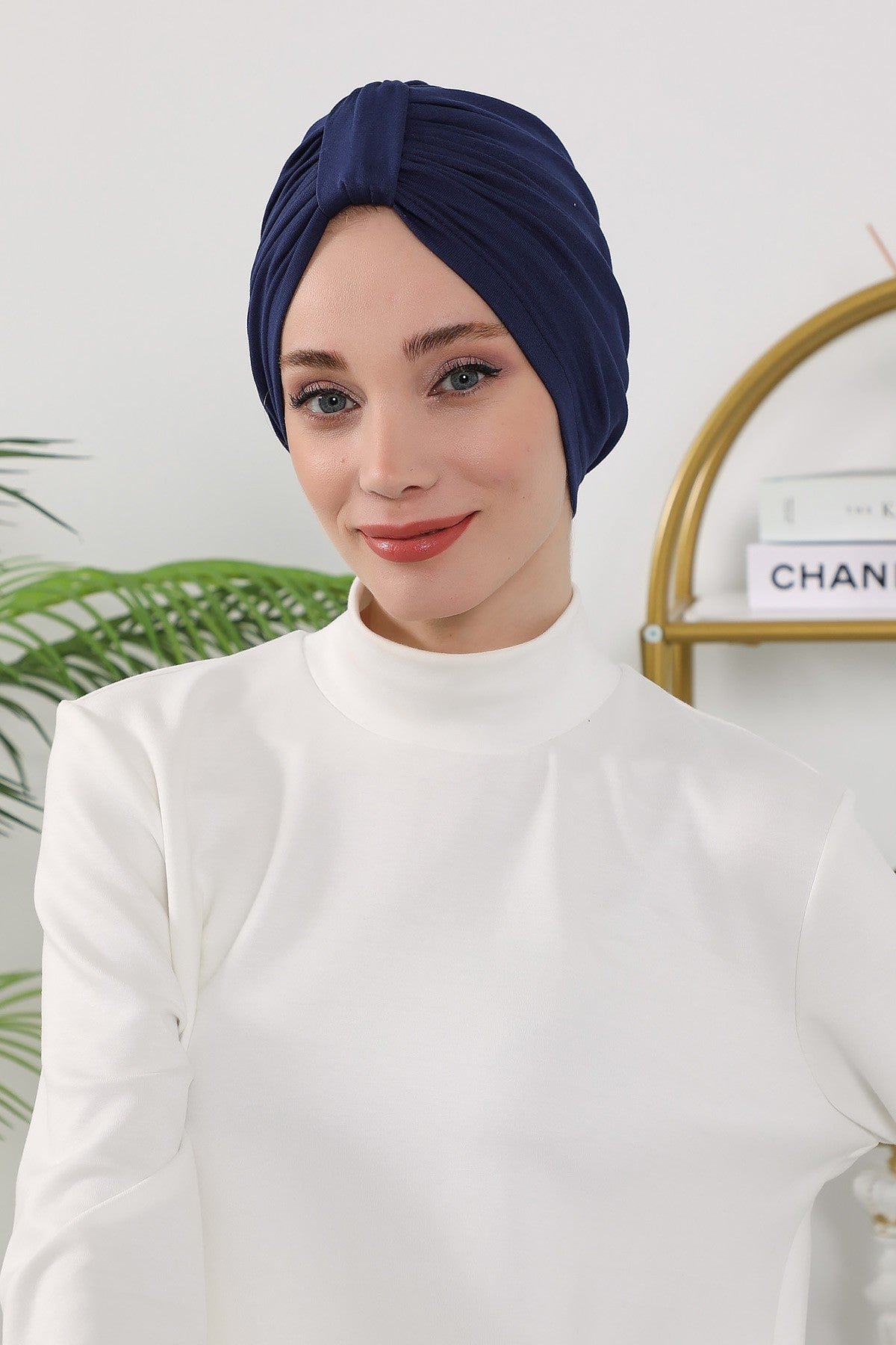 Stretchy All Season Turban Underscarf with Twist Front Design, Ready to Wear Women Bonnet for Daily Modest Wear,B-68O Navy Blue