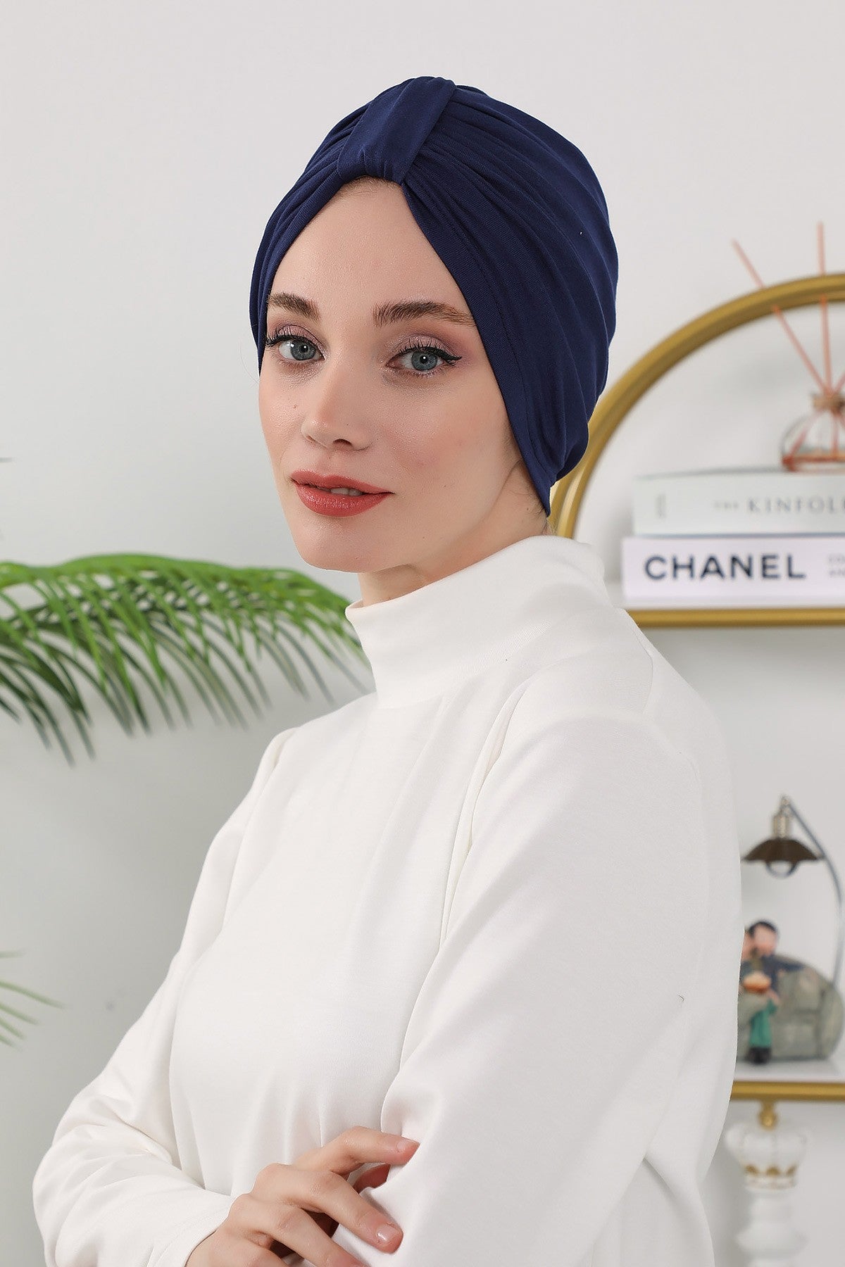 Stretchy All Season Turban Underscarf with Twist Front Design, Ready to Wear Women Bonnet for Daily Modest Wear,B-68O Navy Blue