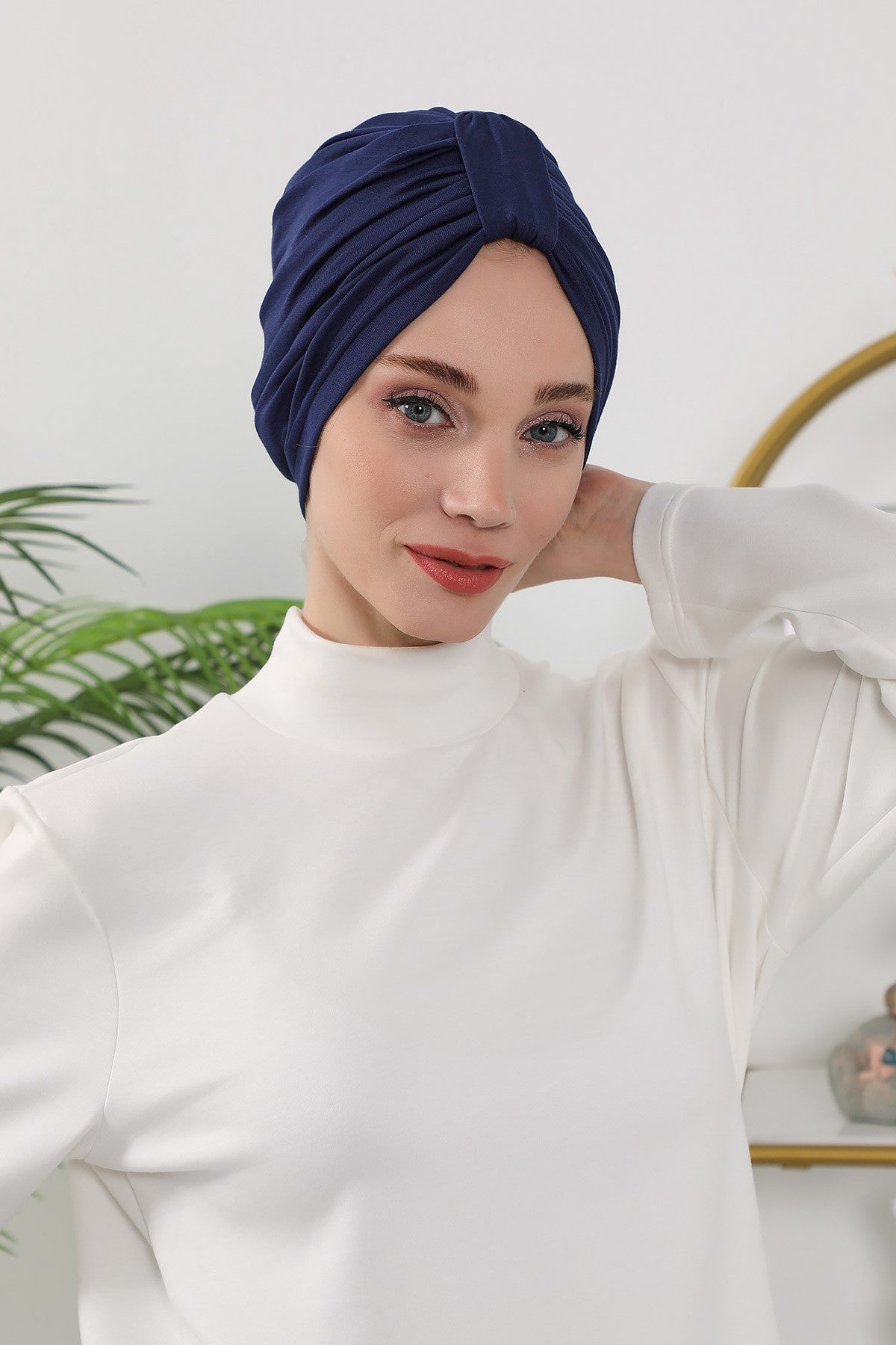 Stretchy All Season Turban Underscarf with Twist Front Design, Ready to Wear Women Bonnet for Daily Modest Wear,B-68O Navy Blue