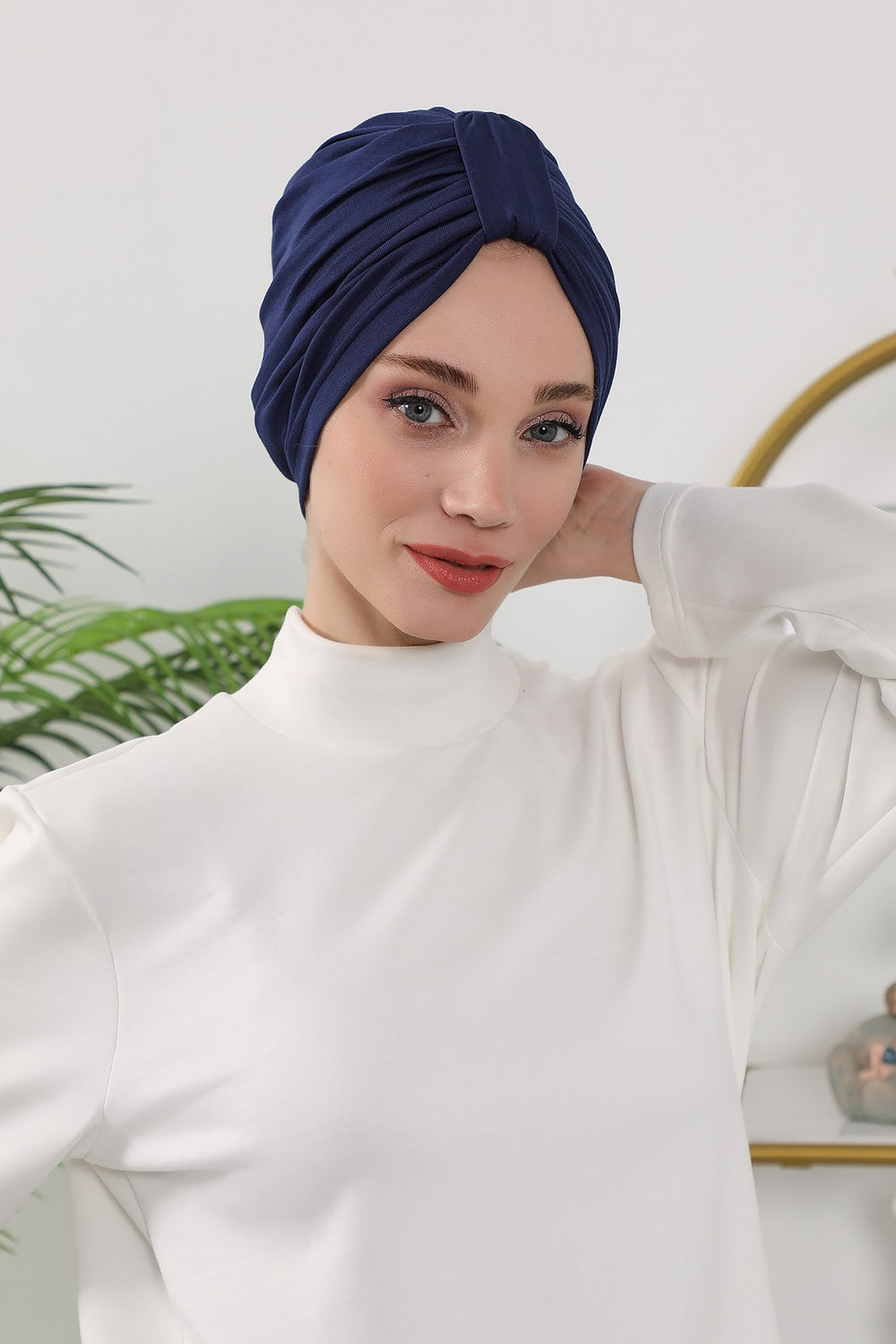 Stretchy All Season Turban Underscarf with Twist Front Design, Ready to Wear Women Bonnet for Daily Modest Wear,B-68O Navy Blue