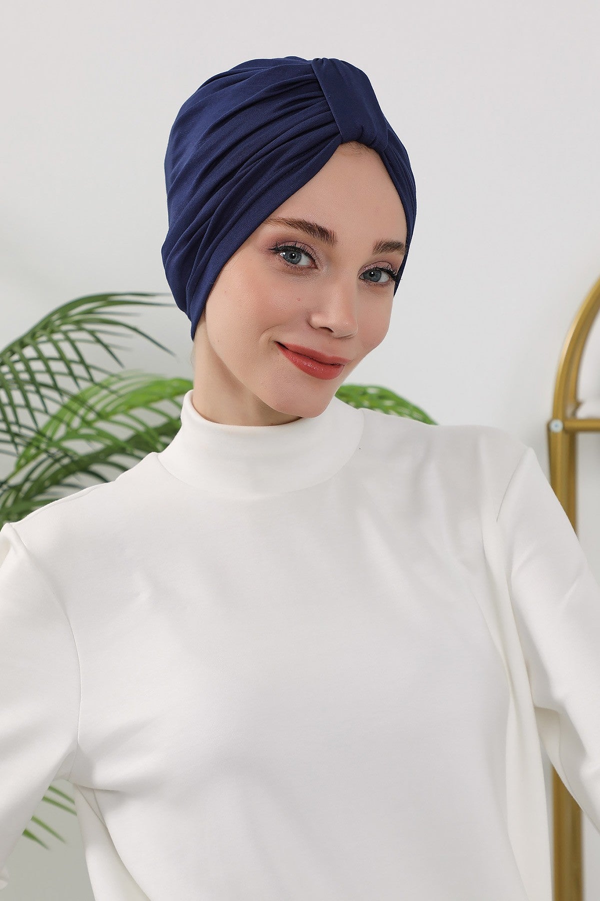 Stretchy All Season Turban Underscarf with Twist Front Design, Ready to Wear Women Bonnet for Daily Modest Wear,B-68O Navy Blue