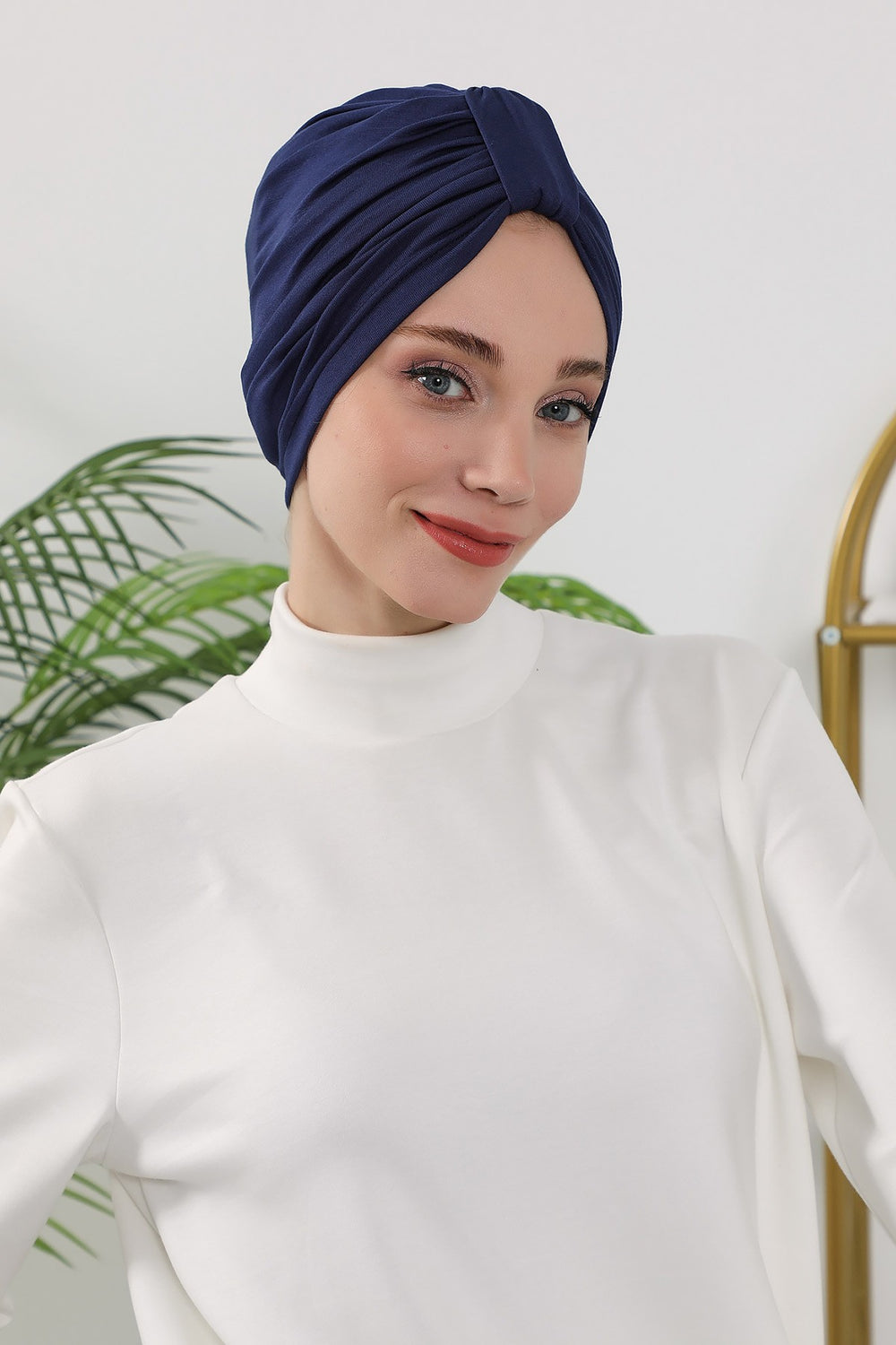 Stretchy All Season Turban Underscarf with Twist Front Design, Ready to Wear Women Bonnet for Daily Modest Wear,B-68O Navy Blue