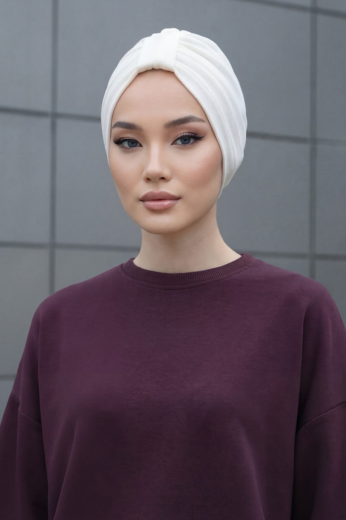 Stretchy All Season Turban Underscarf with Twist Front Design, Ready to Wear Women Bonnet for Daily Modest Wear,B-68O Ecru