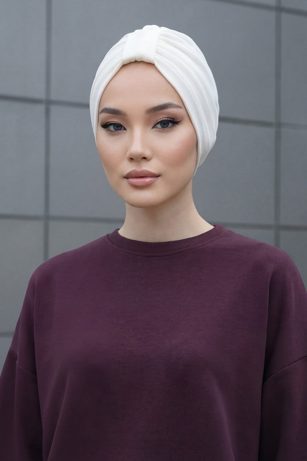 Stretchy All Season Turban Underscarf with Twist Front Design, Ready to Wear Women Bonnet for Daily Modest Wear,B-68O Ecru