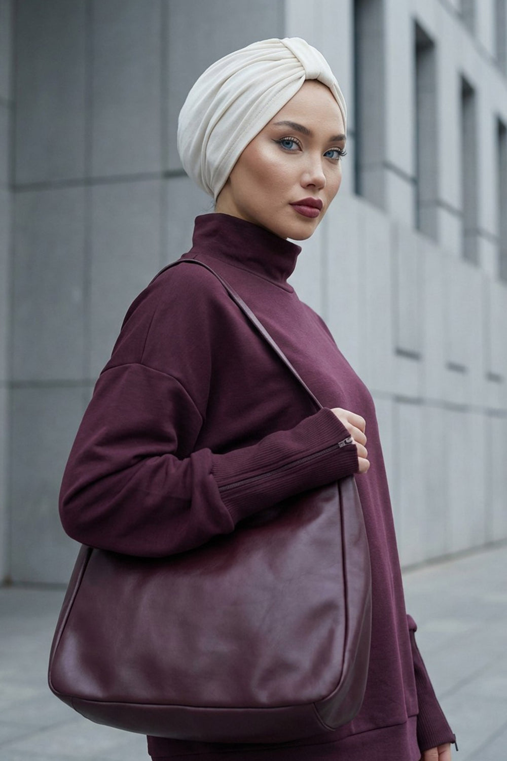 Stretchy All Season Turban Underscarf with Twist Front Design, Ready to Wear Women Bonnet for Daily Modest Wear,B-68O Ecru