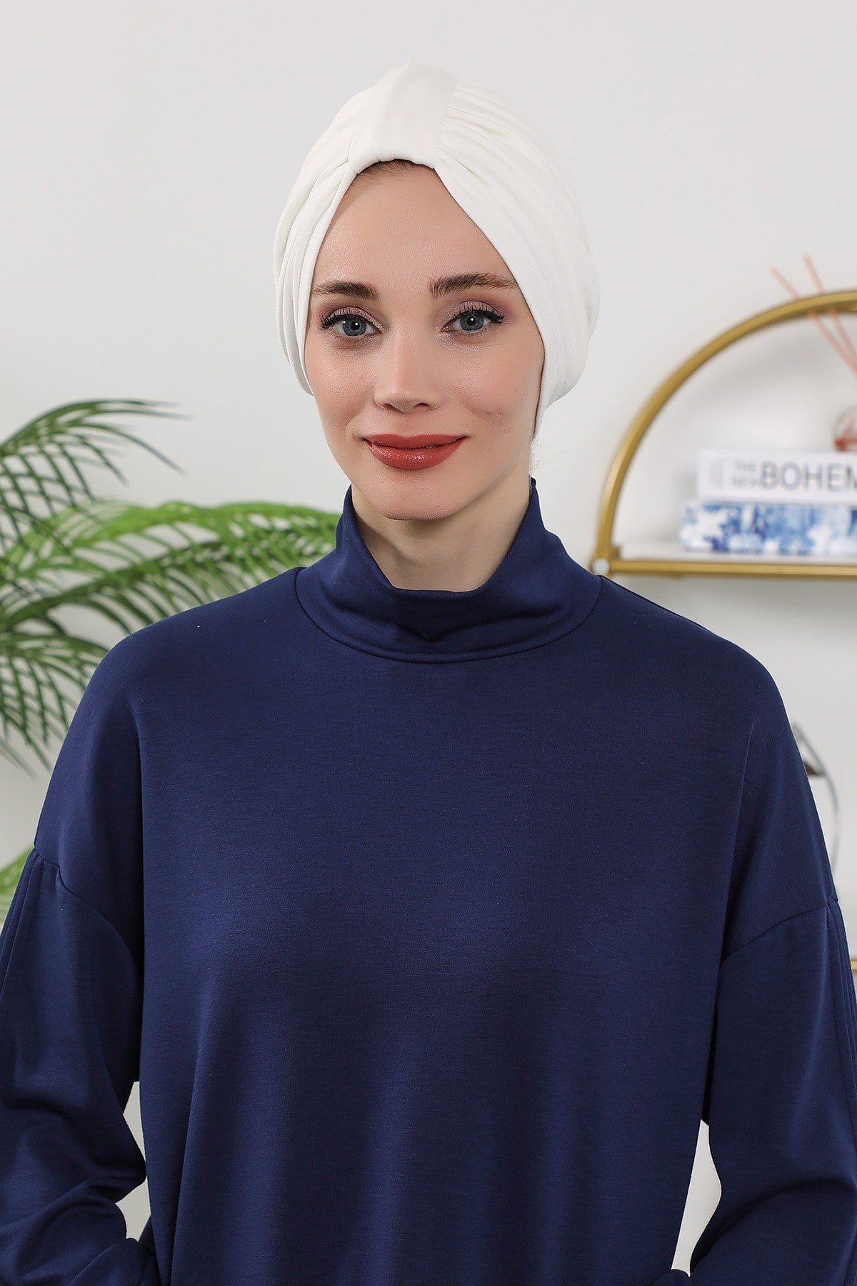 Stretchy All Season Turban Underscarf with Twist Front Design, Ready to Wear Women Bonnet for Daily Modest Wear,B-68O Ecru